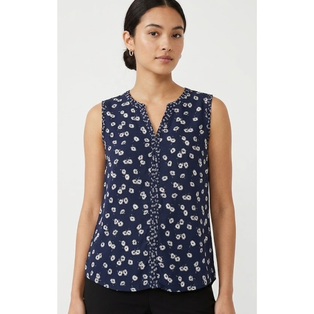 Talbots Petite Large Navy Floral Sleeveless Blouse Women's V-Neck Contrast Trim